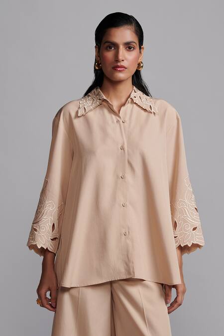 Dash And Dot_Beige Tencel Embroidery, Cut Work Collared Floral Shirt And Pant Set _Online_at_Aza_Fashions