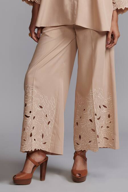 Buy_Dash And Dot_Beige Tencel Embroidery, Cut Work Collared Floral Shirt And Pant Set _Online_at_Aza_Fashions