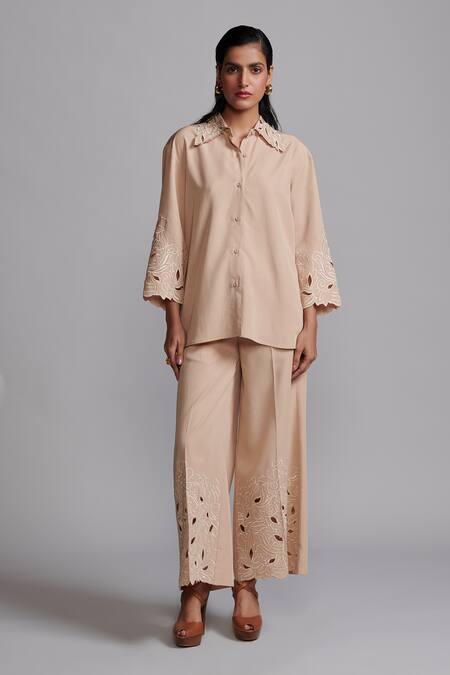 Shop_Dash And Dot_Beige Tencel Embroidery, Cut Work Collared Floral Shirt And Pant Set _Online_at_Aza_Fashions