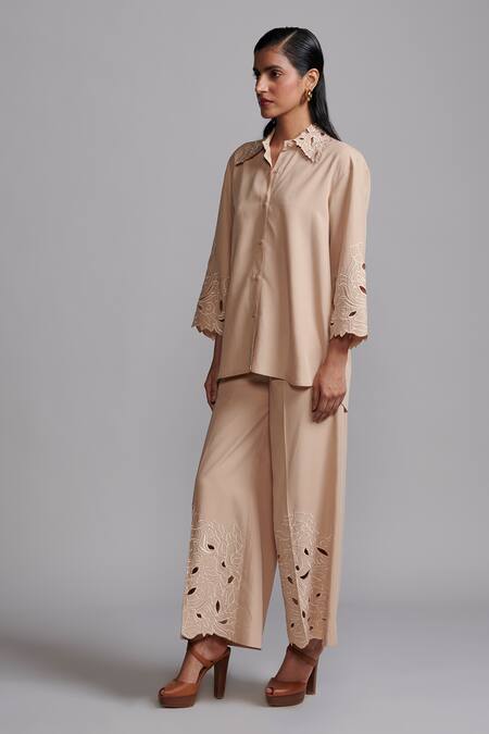 Dash And Dot_Beige Tencel Embroidery, Cut Work Collared Floral Shirt And Pant Set _at_Aza_Fashions