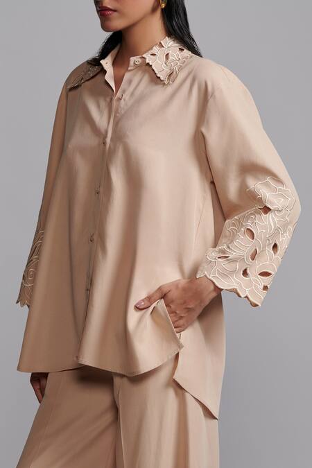 Buy_Dash And Dot_Beige Tencel Embroidery, Cut Work Collared Floral Shirt And Pant Set 