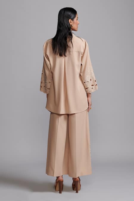 Shop_Dash And Dot_Beige Tencel Embroidery, Cut Work Collared Floral Shirt And Pant Set _at_Aza_Fashions