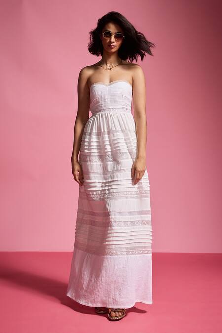 Dash And Dot_White Viscose Embroidery Sweetheart Neck Tiered Tube Dress _Online_at_Aza_Fashions