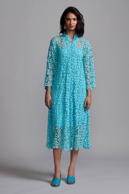 Dash And Dot_Blue Cotton Lace Collared Floral Cutout Midi Dress _Online_at_Aza_Fashions