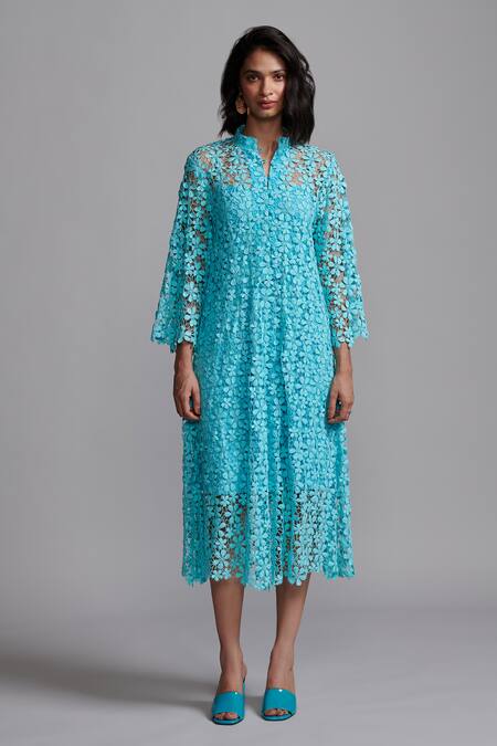 Buy_Dash And Dot_Blue Cotton Lace Collared Floral Cutout Midi Dress _Online_at_Aza_Fashions