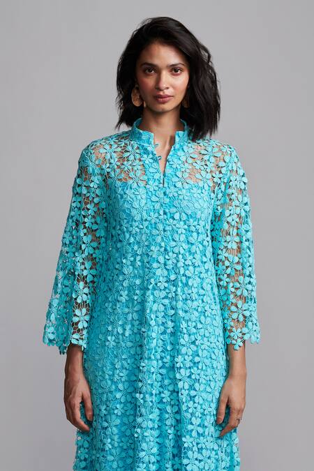 Shop_Dash And Dot_Blue Cotton Lace Collared Floral Cutout Midi Dress _Online_at_Aza_Fashions