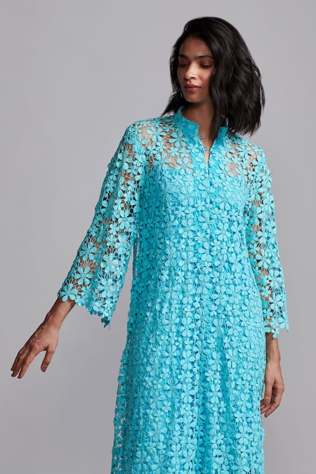 Dash And Dot_Blue Cotton Lace Collared Floral Cutout Midi Dress _at_Aza_Fashions