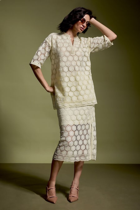 Dash And Dot Yellow Polyester Lace Mandarin Collar Geometric Cutout Top And Pant Set Online at Aza Fashions Dash And Dot_Yellow Polyester Lace Mandarin Collar Geometric Cutout Top And Pant Set _Online_at_Aza_Fashions