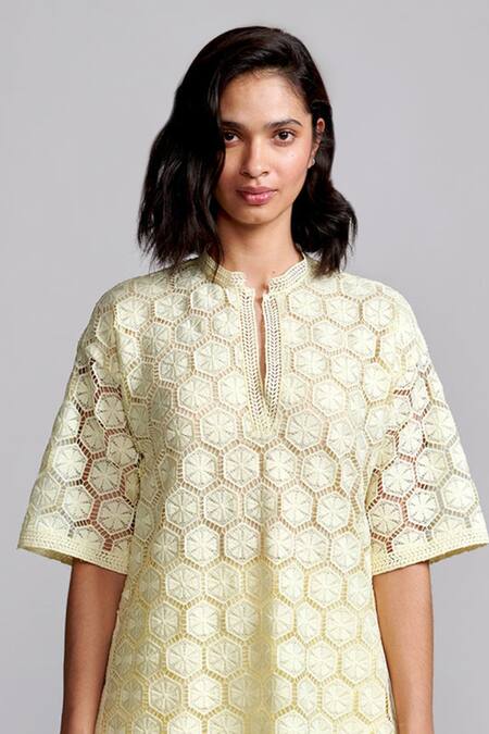 Buy Dash And Dot Yellow Polyester Lace Mandarin Collar Geometric Cutout Top And Pant Set Online at Aza Fashions Buy_Dash And Dot_Yellow Polyester Lace Mandarin Collar Geometric Cutout Top And Pant Set _Online_at_Aza_Fashions