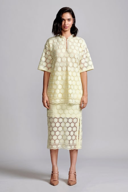 Shop Dash And Dot Yellow Polyester Lace Mandarin Collar Geometric Cutout Top And Pant Set Online at Aza Fashions Shop_Dash And Dot_Yellow Polyester Lace Mandarin Collar Geometric Cutout Top And Pant Set _Online_at_Aza_Fashions