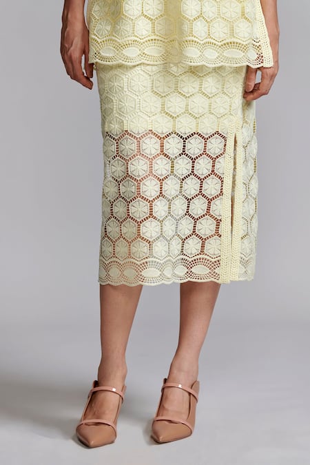 Dash And Dot Yellow Polyester Lace Mandarin Collar Geometric Cutout Top And Pant Set at Aza Fashions Dash And Dot_Yellow Polyester Lace Mandarin Collar Geometric Cutout Top And Pant Set _at_Aza_Fashions