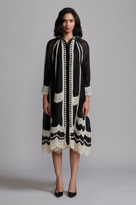 Dash And Dot Black Silk, Viscose Lace Collared Work Midi Dress Online at Aza Fashions Dash And Dot_Black Silk, Viscose Lace Collared Work Midi Dress _Online_at_Aza_Fashions