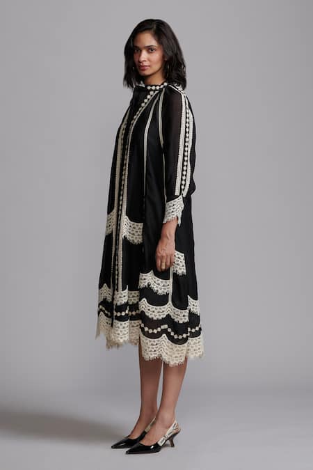 Shop Dash And Dot Black Silk, Viscose Lace Collared Work Midi Dress Online at Aza Fashions Shop_Dash And Dot_Black Silk, Viscose Lace Collared Work Midi Dress _Online_at_Aza_Fashions