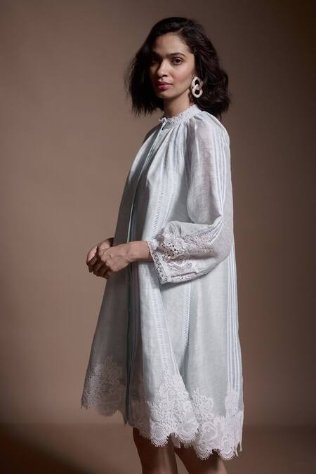 Dash And Dot_Blue Silk, Linen Lace High Neck Scallop Applique Midi Dress _Online_at_Aza_Fashions