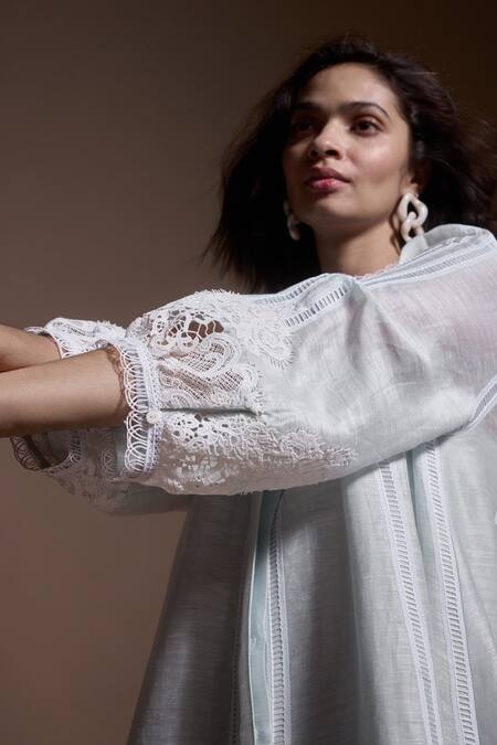 Buy_Dash And Dot_Blue Silk, Linen Lace High Neck Scallop Applique Midi Dress _Online_at_Aza_Fashions