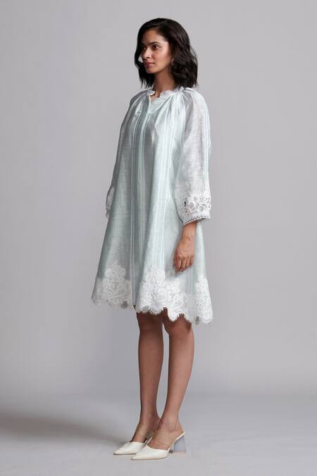 Shop_Dash And Dot_Blue Silk, Linen Lace High Neck Scallop Applique Midi Dress _Online_at_Aza_Fashions