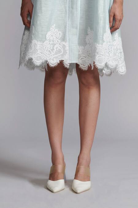 Dash And Dot_Blue Silk, Linen Lace High Neck Scallop Applique Midi Dress _at_Aza_Fashions