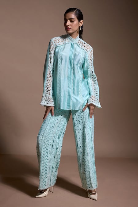 Dash And Dot_Green Polyester Lace Geometric Work Pant _Online_at_Aza_Fashions