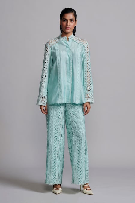 Shop_Dash And Dot_Green Polyester Lace Geometric Work Pant _Online_at_Aza_Fashions