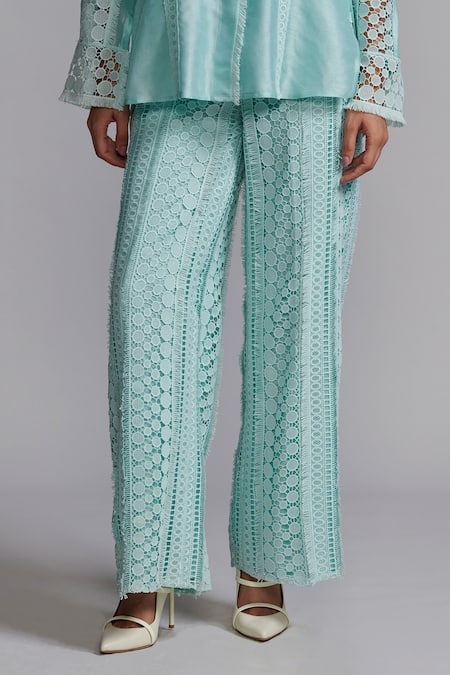 Dash And Dot_Green Polyester Lace Geometric Work Pant _at_Aza_Fashions