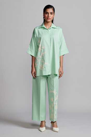 Dash And Dot_Green Cotton Embroidery Collared Ribbon Shirt And Pant Set _Online_at_Aza_Fashions