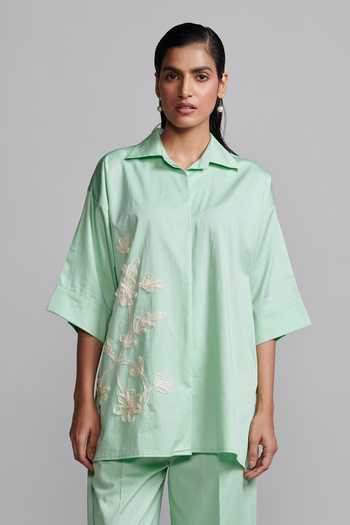 Buy_Dash And Dot_Green Cotton Embroidery Collared Ribbon Shirt And Pant Set _Online_at_Aza_Fashions