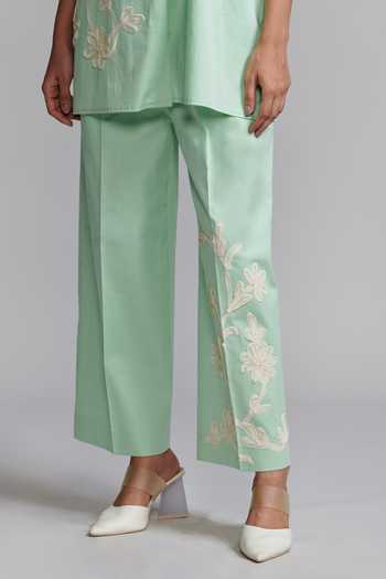 Shop_Dash And Dot_Green Cotton Embroidery Collared Ribbon Shirt And Pant Set _Online_at_Aza_Fashions