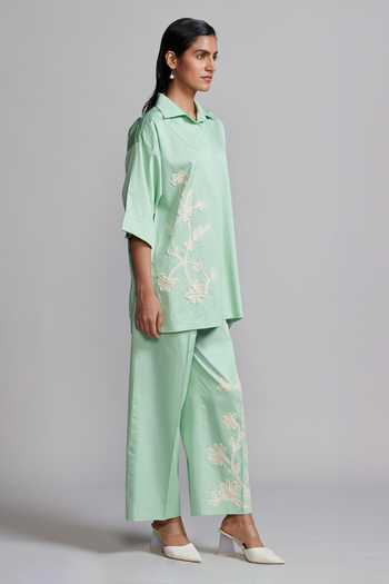 Dash And Dot_Green Cotton Embroidery Collared Ribbon Shirt And Pant Set _at_Aza_Fashions