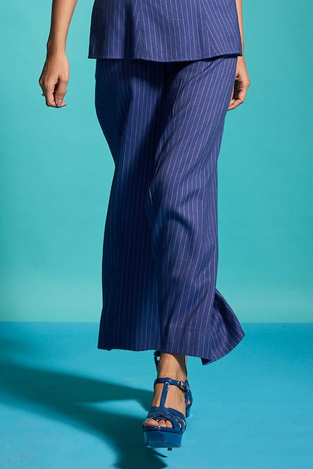 Shop_Dash And Dot_Blue Cotton Off-shoulder Pinstripe Corset Peplum Top And Pant Set _Online_at_Aza_Fashions