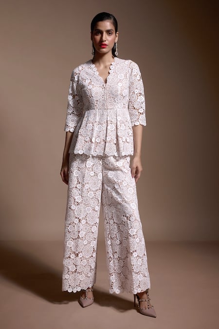 Dash and Dot Floral Lace Work Peplum Top & Pant Set 