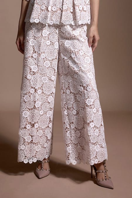 Dash And Dot_Ivory Polyester Sequins, Lace V-neck Floral Work Peplum Top And Pant Set _Online_at_Aza_Fashions