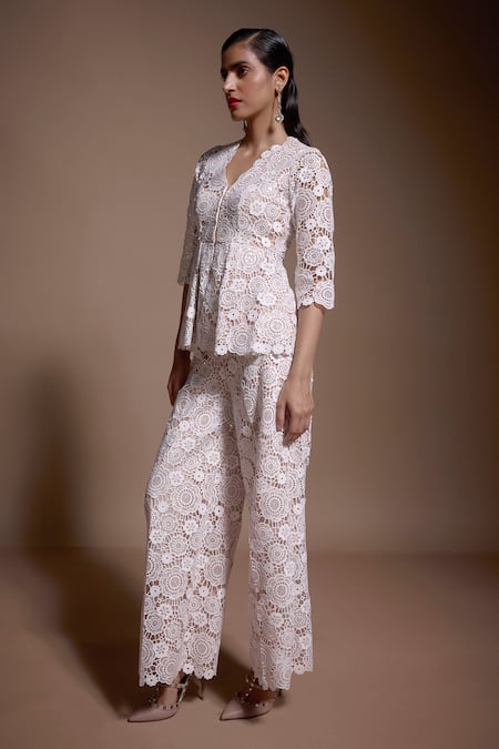 Dash And Dot_Ivory Polyester Sequins, Lace V-neck Floral Work Peplum Top And Pant Set _at_Aza_Fashions