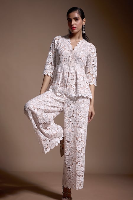 Buy_Dash And Dot_Ivory Polyester Sequins, Lace V-neck Floral Work Peplum Top And Pant Set 