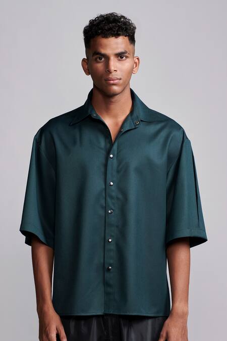 Buy_Dash And Dot_Green Lycra, Polyester, Viscose Plain Box Pleated Shirt _Online_at_Aza_Fashions