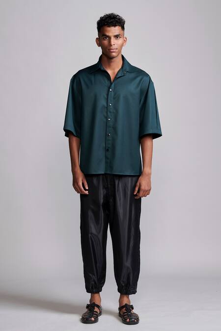 Shop_Dash And Dot_Green Lycra, Polyester, Viscose Plain Box Pleated Shirt _Online_at_Aza_Fashions