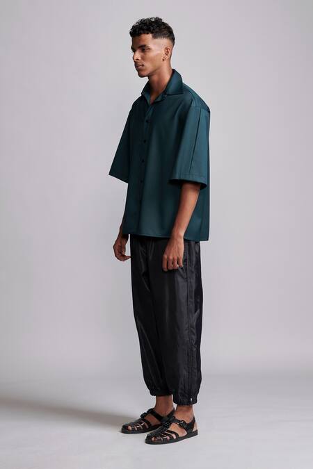 Dash And Dot_Green Lycra, Polyester, Viscose Plain Box Pleated Shirt _at_Aza_Fashions