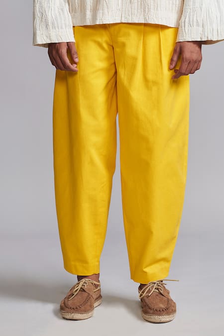 Dash And Dot_Yellow Cotton Bishop Pleated Pant _at_Aza_Fashions