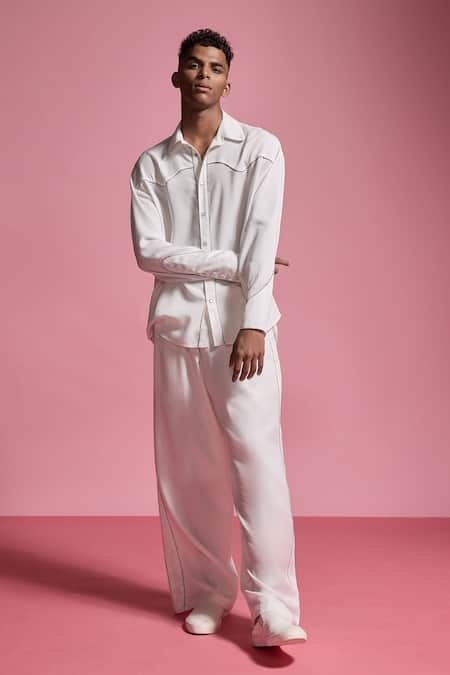 Dash And Dot_White Tencel Piping Contrast Piped Straight Leg Pant _at_Aza_Fashions