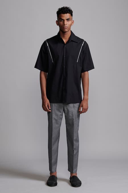 Dash And Dot_Grey Nylon Flat Pleated Trouser _Online_at_Aza_Fashions