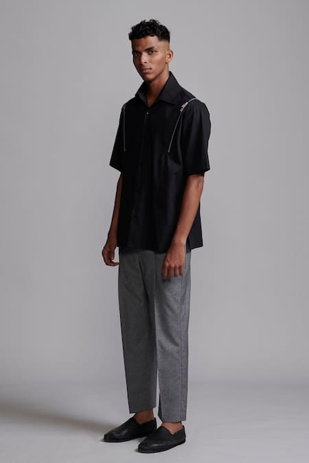 Shop_Dash And Dot_Grey Nylon Flat Pleated Trouser _Online_at_Aza_Fashions