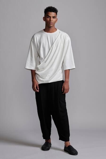 Shop_Dash And Dot_Black Viscose Embroidery Front Pleated Solid Pant _Online_at_Aza_Fashions