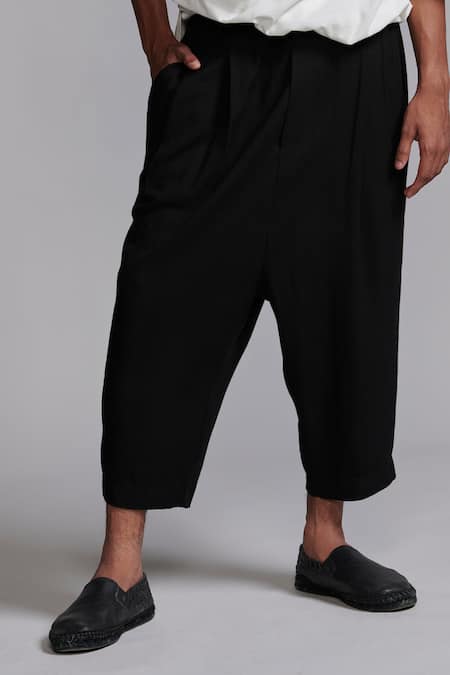 Dash And Dot_Black Viscose Embroidery Front Pleated Solid Pant _at_Aza_Fashions