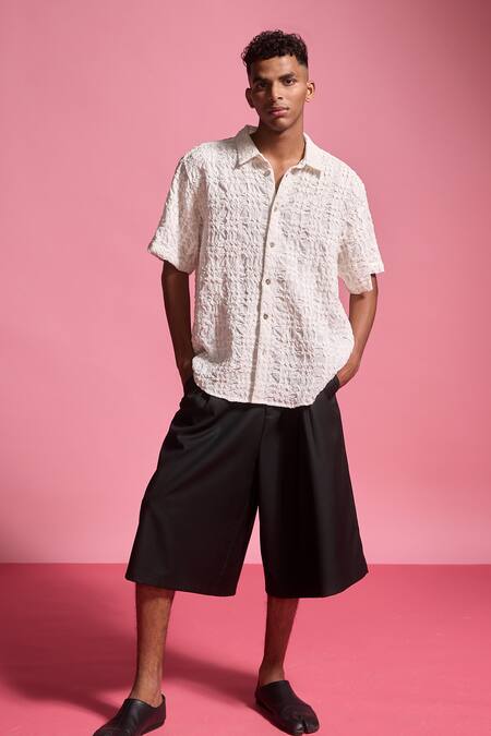 Dash And Dot White Cotton Embroidery Irregular Pintuck Textured Shirt Online at Aza Fashions Dash And Dot_White Cotton Embroidery Irregular Pintuck Textured Shirt _Online_at_Aza_Fashions