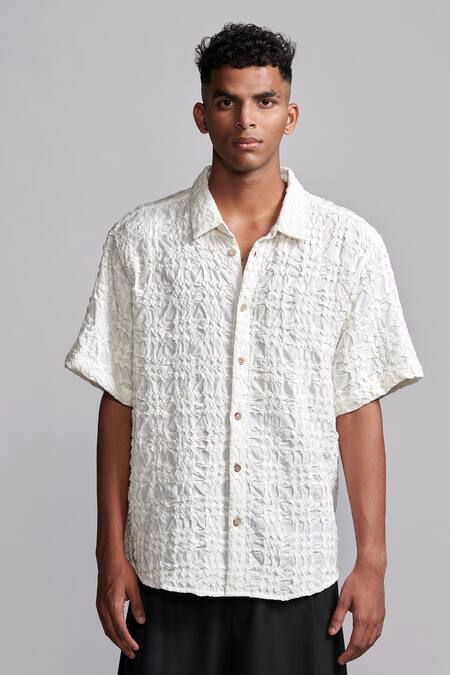 Dash And Dot White Cotton Embroidery Irregular Pintuck Textured Shirt at Aza Fashions Dash And Dot_White Cotton Embroidery Irregular Pintuck Textured Shirt _at_Aza_Fashions