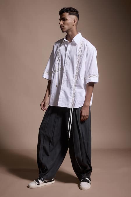 Dash And Dot_Grey 60% Polyester Plain Pleated Down Pant _Online_at_Aza_Fashions