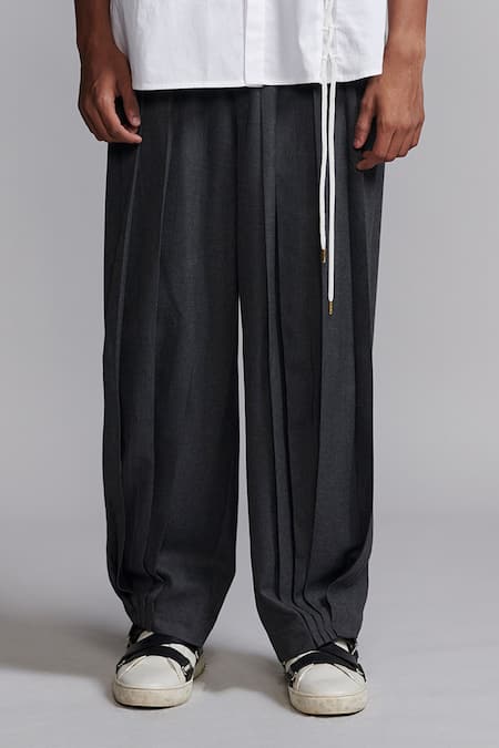 Shop_Dash And Dot_Grey 60% Polyester Plain Pleated Down Pant _Online_at_Aza_Fashions