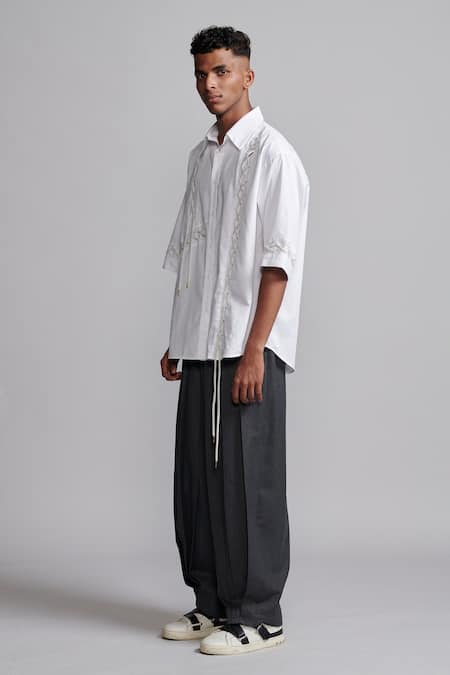 Dash And Dot_Grey 60% Polyester Plain Pleated Down Pant _at_Aza_Fashions