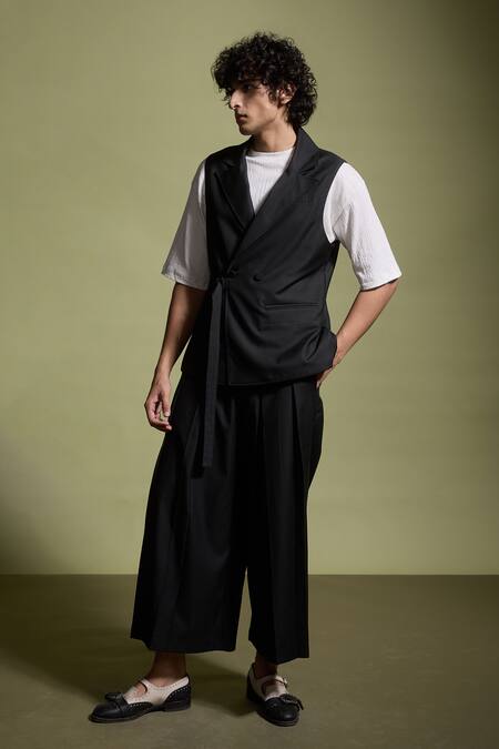 Dash And Dot_Black Polyester, Viscose, Lycra Pleated Wide-leg Pant_Online_at_Aza_Fashions