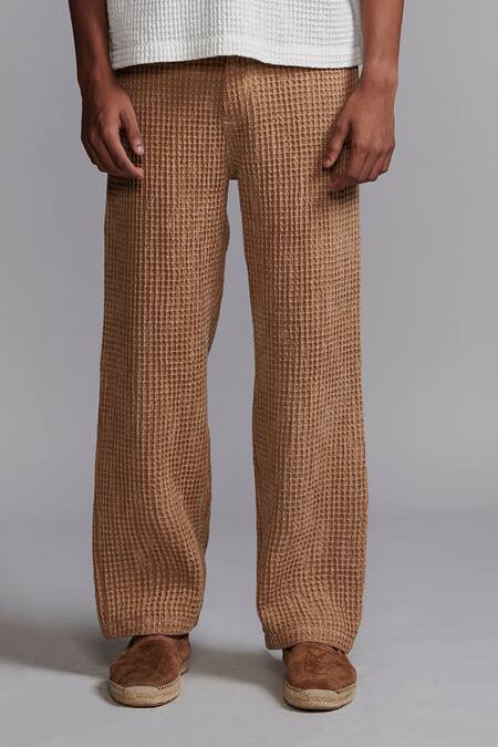 Dash And Dot_Brown Cotton Washed Textured Pant _Online_at_Aza_Fashions