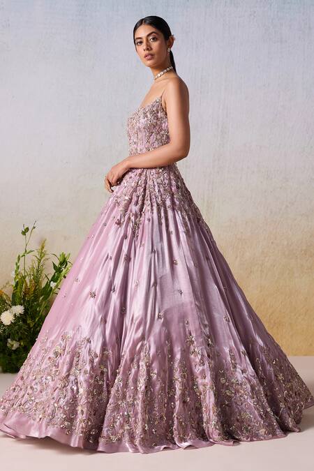 Mirroir_Purple Satin Sequins, Beads Scoop Neck Floral Cluster Vine Embroidered Gown _Online_at_Aza_Fashions